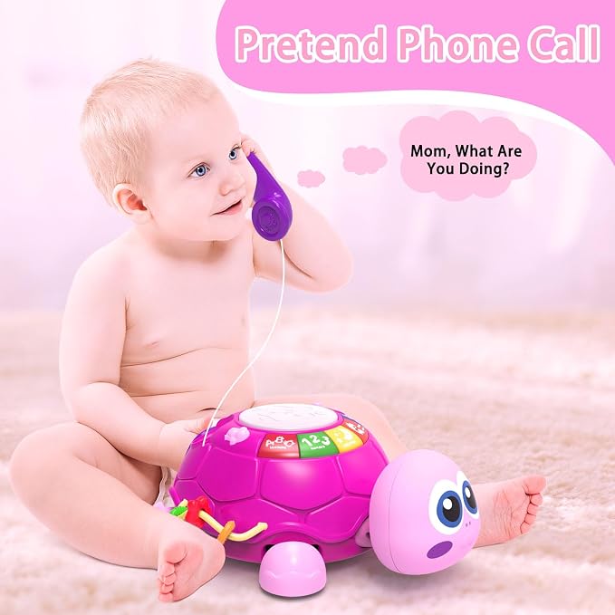 Ussybaby Musical Turtle Baby Toys 6 to 12 Month,Infant Light-up Musical Tummy Time Toy with Phone,Baby Crawling Toys for 7 8 9 12 Months Old,Easter Birthday Girl Gift for 3 4 5 Month+(Pink)
