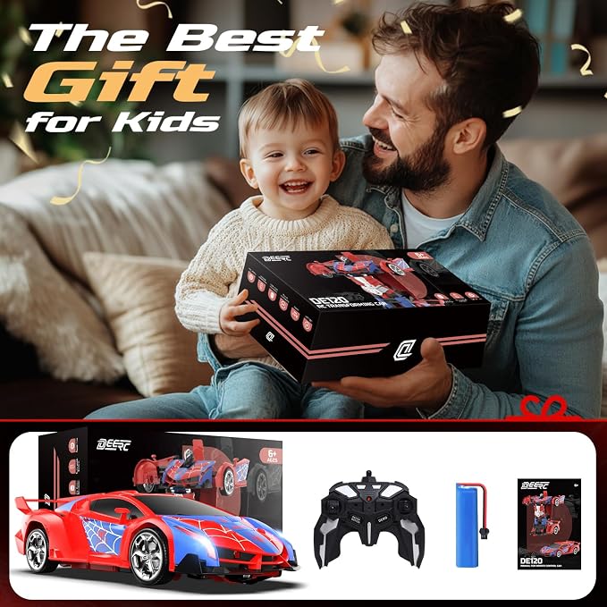 DEERC Spider RC Car Transform Robot, 2.4GHz Remote Control Spider Cars for Kids, 1:18 Scale Toy Car W/One-Key Transformation, 360° Rotation, Auto Mode, Rechargeable Battery, Robot for Man Boys