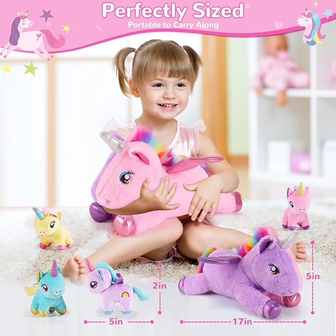 gnomantic Unicorn Stuffed Animals with Babies Inside, Mommy Toy for Kids | 5-Piece set: 1 mommy unicorn + 4 baby unicorns inside. Unzip belly to reveal surprise babies. Ultra-soft, ages 3-8.
