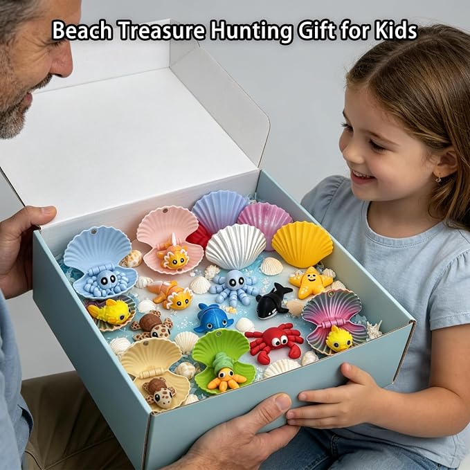 20 PCS 3D Printed Seashell Ocean Toy Set, 9 Colorful Openable 3D Shells with Movable Sea Creatures, Shell Opener & Storage Mesh Bag, Portable Summer Beach Pool Sensory Toys for Boys Girls