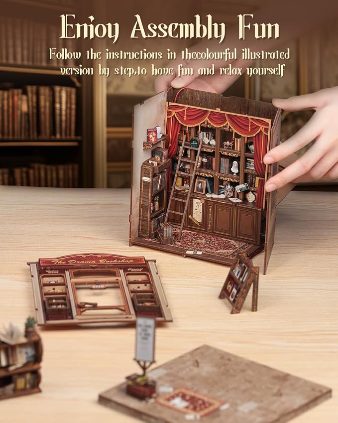 Cutefun Book Nook Kit - DIY Miniature Dollhouse Booknook Kit for Adults and Teens, 3D Wooden Puzzle Bookshelf Insert Decor with LED Light, Gifts for Family and Friends (The Drama Bookshop)