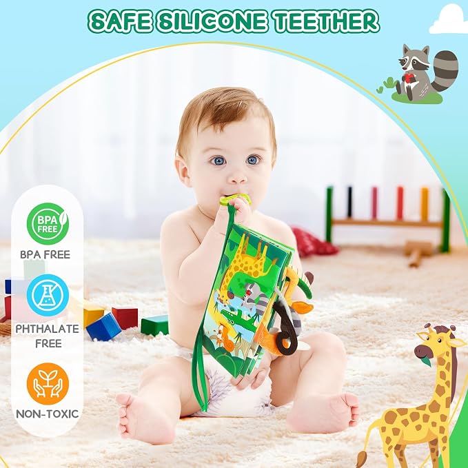 BBWOO Soft Baby Book Toy - Newborn Boy Girl Shower Gift - Tummy Time Toy for Infant 0-6 6-12 Months - Touch and Feel Sensory Crinkle Book with Teether - Baby Boy Girl Gift