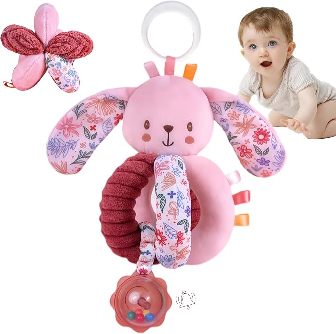 Baby Stroller Hanging Car Seat Toys for Infants 0-6 Months Girl 0-2-3-4-5-7-8-9-10 6-12-18 Month Old Newborn Gifts, Carseat Pink Plush Bunny Travel Toy for Babies Boy Play Gym Rattle Squeaky