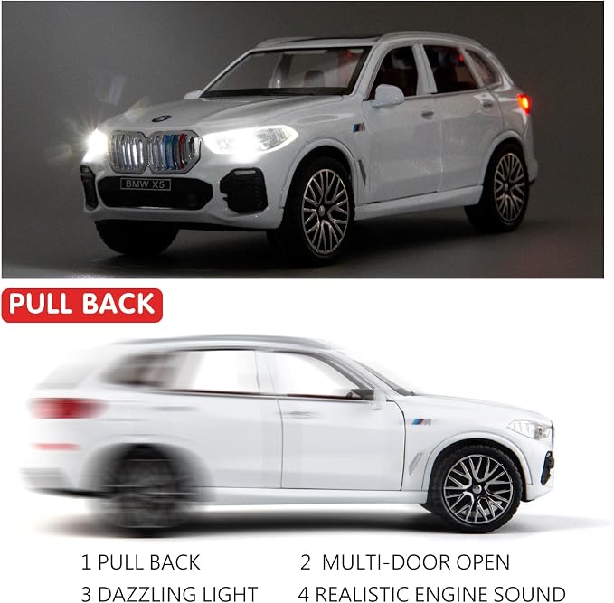 BDTCTK 1:32 Comapatible for X5 SUV Model Car Toy, Zinc Alloy Pull Back Toy car with Sound and Light for Kids Boy Girl Gift(White)