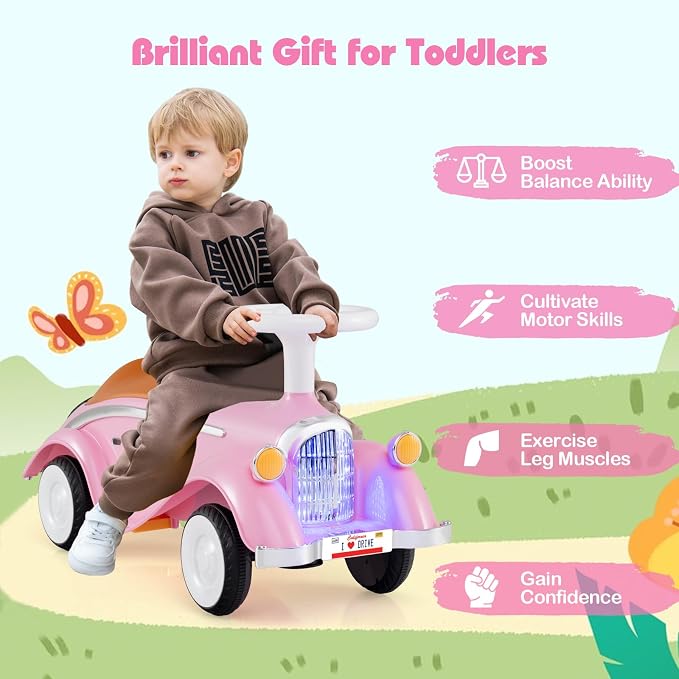 Costzon Toddler Ride On Toy, Classic Foot to Floor Sliding Car w/Steering Wheel, Horn, Headlights & Under Seat Storage, Kids Push Ride-Ons, Retro Baby Ride On Toys for Boys Girls 19-36 Months (Pink)