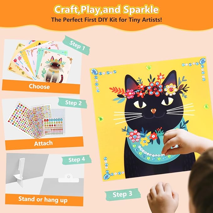 Marlrin Cat Diamond Art for Kids Ages 4-8, Gem Stickers Crafts Kits, DIY Arts and Crafts with Display Stand, Kitten Sticker Art Kit, Birthday Easter Gift for Boys Girls Ages 3-8