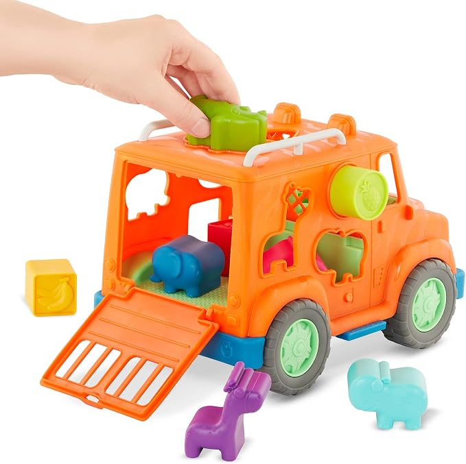Battat – Wonder Wheels – Shape Sorter Toy Truck – 9 Pieces Developmental Toy for Kids, Toddlers – Animal & Fruit Shapes – Recyclable Materials – Safari Shape Sorter Truck – 1 Year +