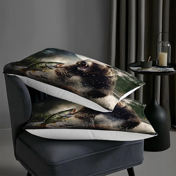 AILONEN Roaring Bear Bedding Set Twin Comforter Set, Fish and Brown Animal Bear Comforter Set,Woodland Forest Wildlife Fishing Bedding Set 3 Pieces Boys Girls Bed in A Bag,1 Quilt and 2 Pillowcases
