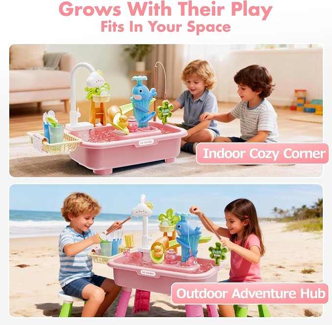 Sand and Water Table Toy for Toddlers, 22 Piece Toy Accessories, 4L Large Capacity Basin, Fishing Game/Kitchen Sink Toys, Perfect Summer Gift for Kids Ages 3-8 (Pink)