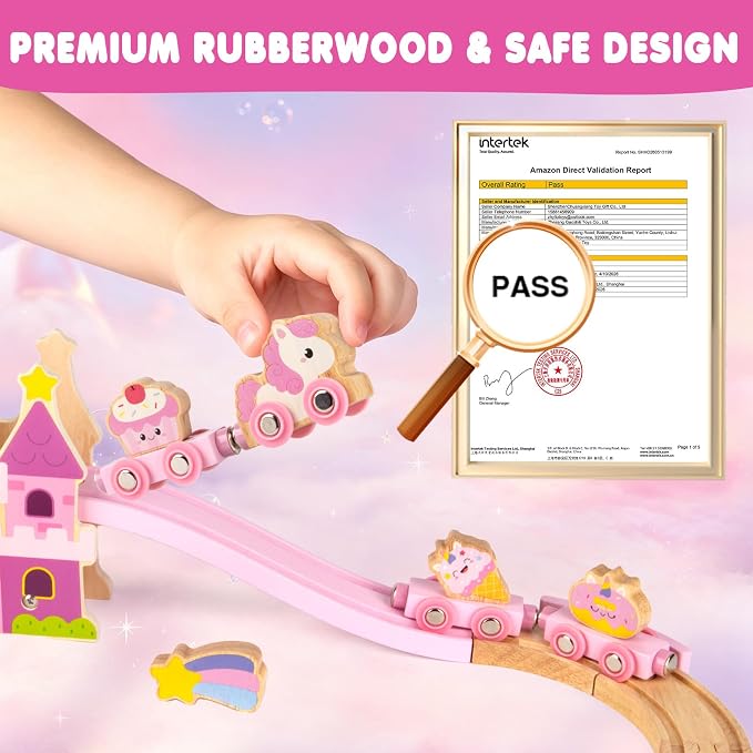 Wooden Train Set for Toddlers 3-5, 40PCS Pink Princess Castle Wooden Train Track Set with Fairies, Girl Toys Age 3-6 Birthday Gift for 3 4 5 Year Old Girls