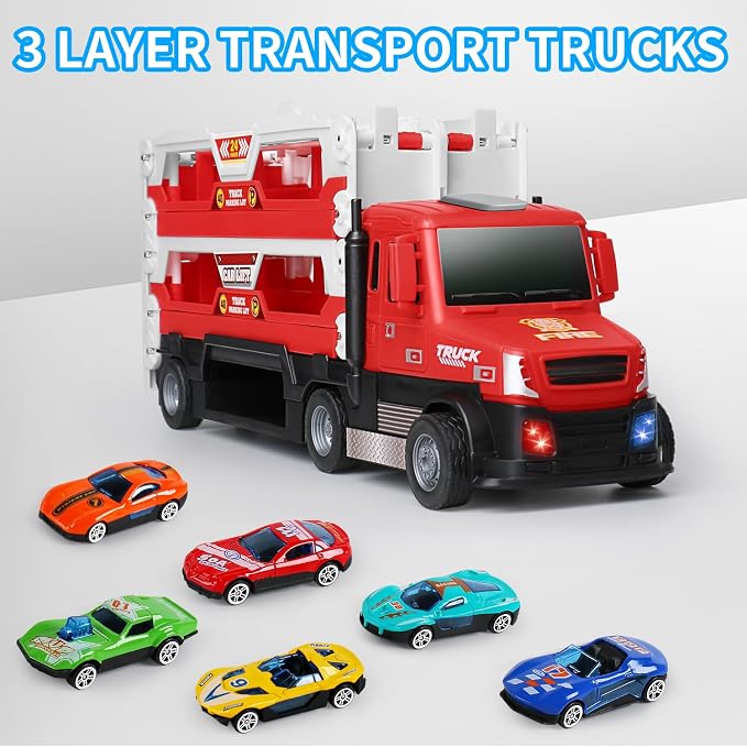DOWELLIN 6 in 1 Transport Truck Toys for Kids, Police Trucks Carrier Cars with 6Pcs Metal Race Car with Light&Sounds, Toddler Vehicles Toys Gifts for Boys Girls Age 3 4 5 6 7 8-Red