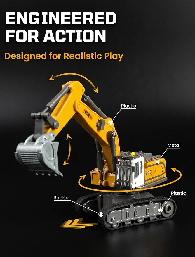 SHINESIGNAL11 Channel Mini RC Excavator Toy, Remote Control Excavator for Adult, Metal Aolly Bucket,Type-C Rechargeable, Construction Vehicle Toy for Boys 3+ Year Old