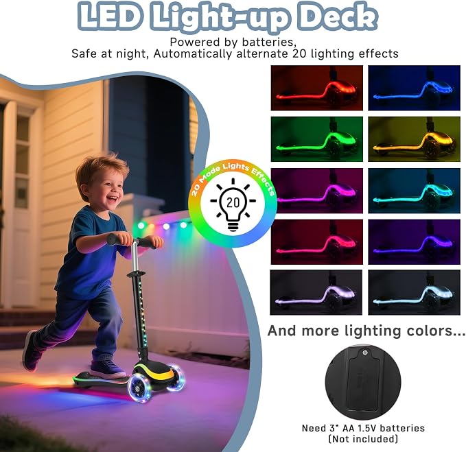 Kids Scooter with Seat, 2 in 1 Kick Toddler Scooter with LED Light-Up Wheels and Light up Deck, 4 Adjustable Heights, Lean to Steer, 3 Wheels Scooter Suitable for Boys & Girls Ages 2-8 Years