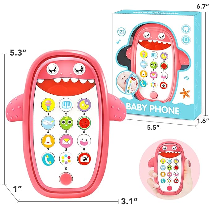 Baby Shark Cell Phone Toy Removable Teether Case, Light, Music Adjustable Volume Kid Play Learn Fake Phone Infant Toddler, Preschool Holiday Birthday Present Gift for Girl Boy 12 Months (Red)