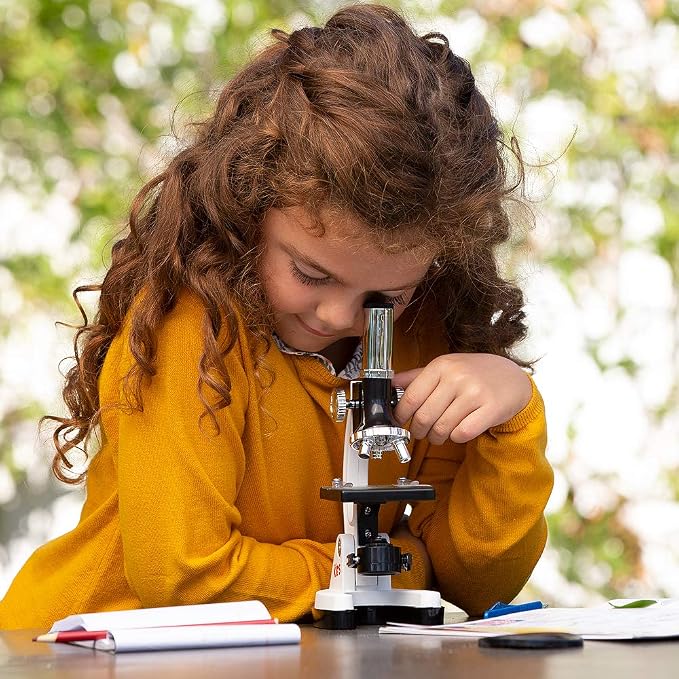AmScope 1200X 52-pcs Kids Student Beginner Microscope Kit with Slides, LED Light, Storage Box and Book The World of the Microscope