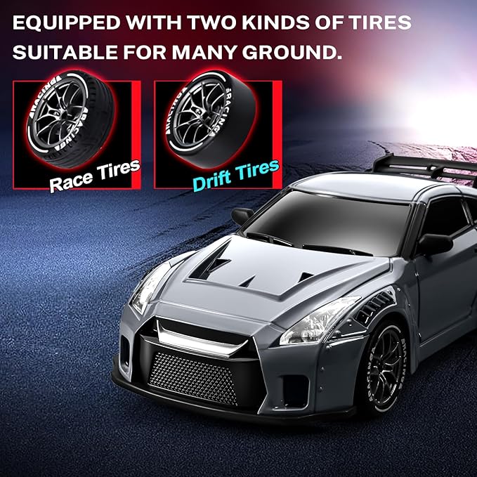 ACAMMZAR RC Drift Car, 1:24 Remote Control Car for Kids, 20KM/H 4WD High Speed RC Cars with Lights, Extra Racing Tires, Vehicle for Adults Boys Girls, Gray