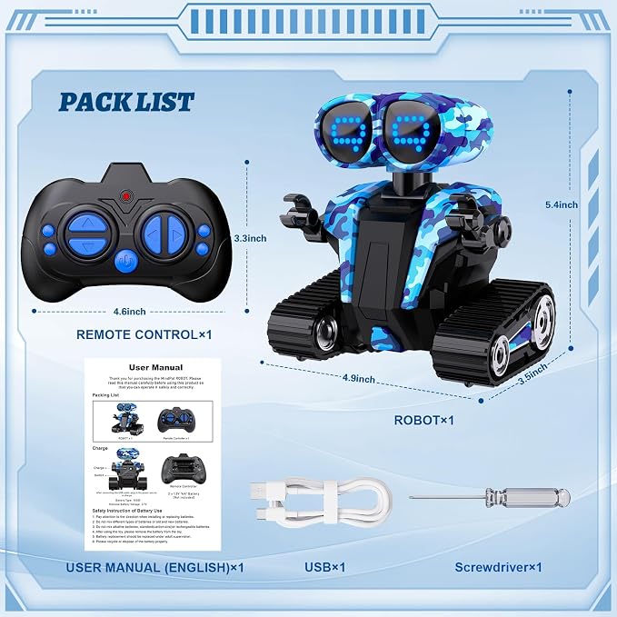 MindPal Robot Toys Rechargeable RC Robots for Kids with LED Eyes Auto-Demonstration Dance & Sing Remote Control Emo Robots for Boys Girls, Camouflage Blue