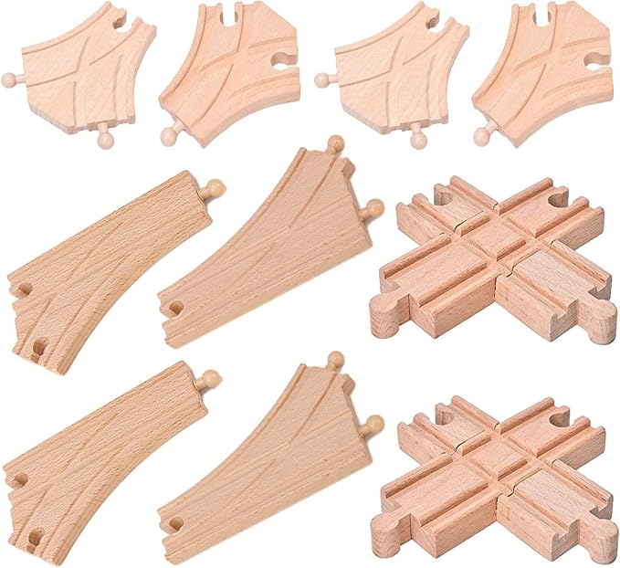 10 Pieces Wooden Train Track Set, Curved Switch Track and Cross Track Compatible with All Major Brands