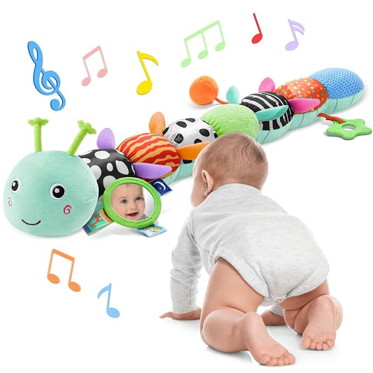 AWOTOY Baby Sensory Toys Music Caterpillar Plush Infant Toys 0 6 12 Months | Stuffed Animals Tummy Time Teething Toys with Mirror Pull String Rattle Baby Toys for Newborn Boy Girl Shower Birthday Gifts