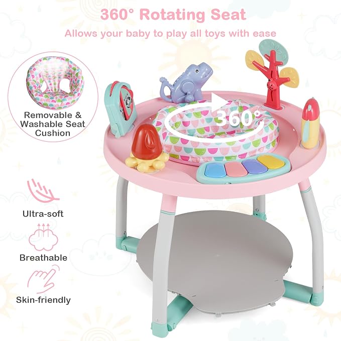 HONEY JOY Baby Activity Center, 5 in 1 Infant Jumper & Standing Play Table w/ 360° Rotary Seat, 6 Toys, 3 Adjustable Heights, Lights, Music & Sounds, Activity Center for Babies 6-36 Months (Pink)