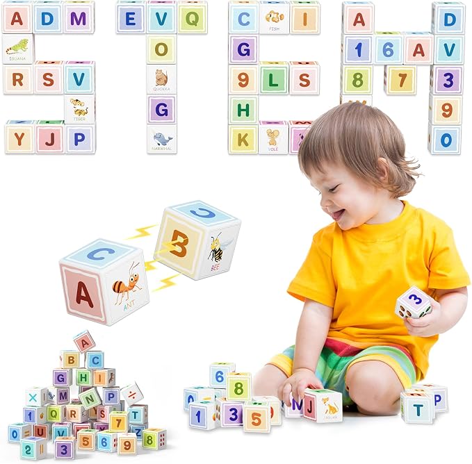 Large Magnetic Blocks for kids ages 4-8-Toddler Toys,30pcs Big Magnet Building Blocks, STEM Sensory Travel Printed Montessori Toys for Boys&Girls, Learning Construction Magnetic Cubes for Gift