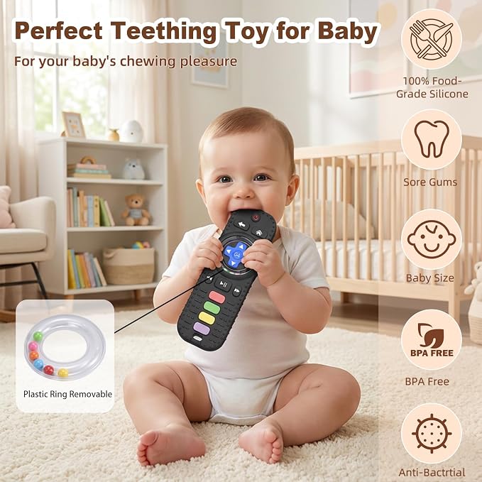 HAILI XMGQ Teething Toys for Baby, Sensory Baby Chew Toy, Rattle Ring Teether Toys for Babies 0-3-6-12 Months, Silicone TV Remote Control Shape for New Baby Gift (Black)