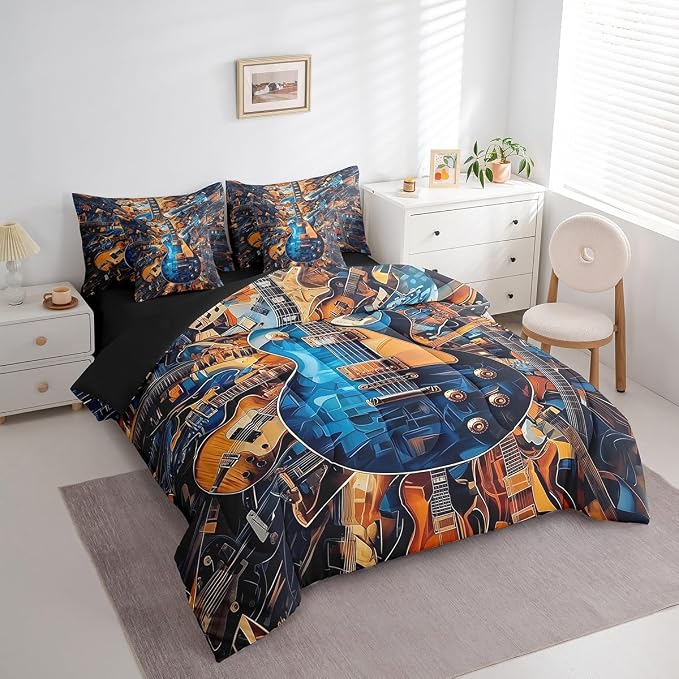 Feelyou Guitar Comforter Set with Sheets King Size Rock Music Bed in a Bag for Boys Girls Teens Blue Brown 7 Pieces Bedding Set Soft Lightweight Microfiber