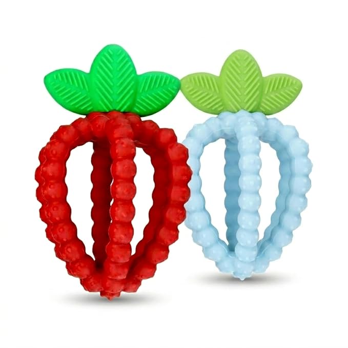 RaZbaby Silicone Infant & Baby Teething Toy, Textured BerryBumps Soothe Babies Sore Gums, RaZberry Bites Relief Teether, Back & Front Teeth, BPA Free, Fruit Shape for Babies 3M+ (Red & Blue)