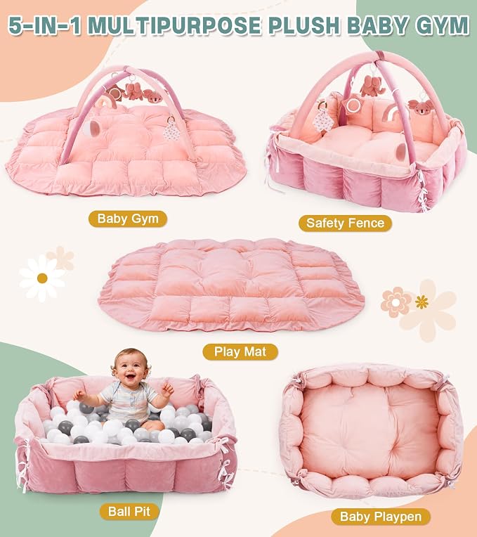 5-in-1 Baby Play Gym and Tummy Time Mat, 12 Learning Cards, Plush Activity Mat with 6 Toys, Baby Gym, Convertible to Ball Pit, Baby Gift, Light Pink