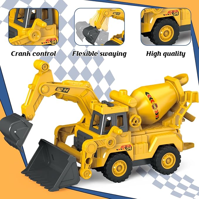 3-in-1 Construction Truck Toy, Excavator & Bulldozer & Cement Mixer, Working Digger Arm, Front Push Blade & Rotating Mixing Drum, Inertia-Powered Push-and-Go, Sandbox Vehicle for Boys Girls Age 3+