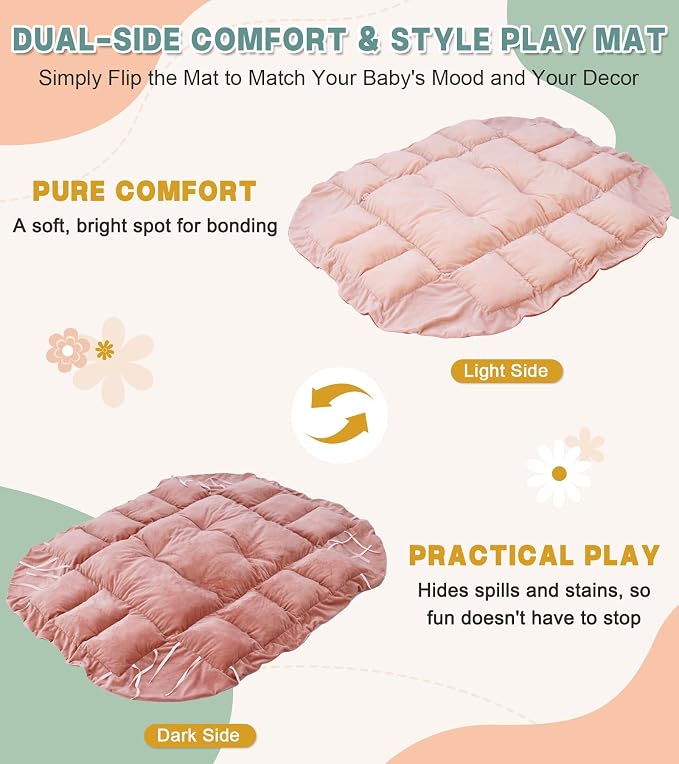 5-in-1 Baby Play Gym and Tummy Time Mat, 12 Learning Cards, Plush Activity Mat with 6 Toys, Baby Gym, Convertible to Ball Pit, Baby Gift, Pink