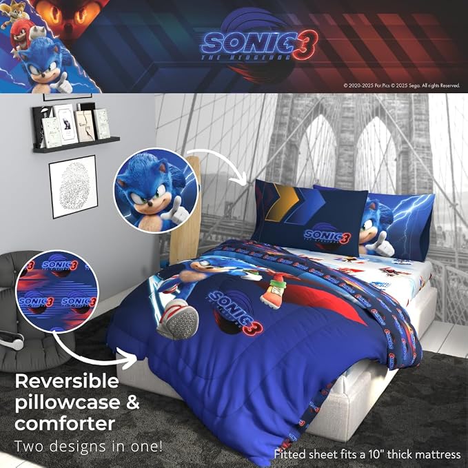 Franco Sonic The Hedgehog 3 Movie Kids Bedding Super Soft Comforter and Sheet Set, 5 Piece Full Size, (Officially Licensed Product)