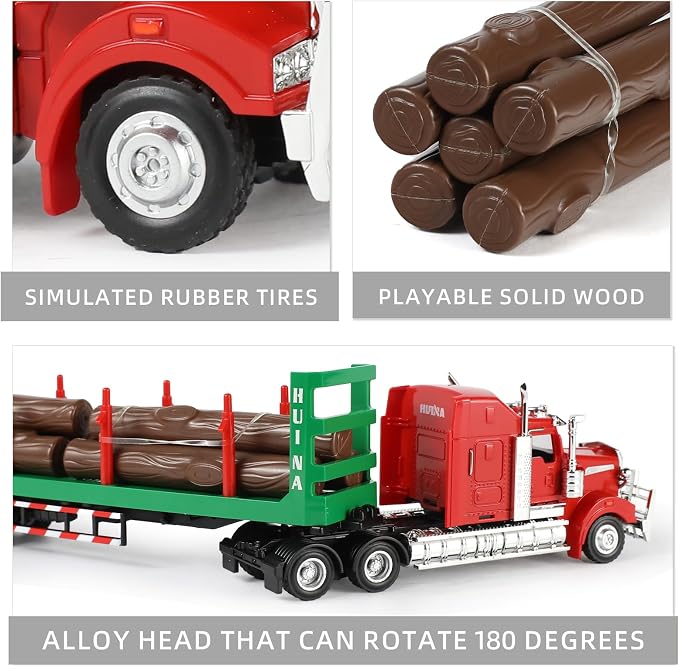 Logging Semi Truck and Trailer Toy, Large 1/50 for Kenworth W900 Diecast Metal Truck Tractor Trailer Transport Series Lumber Gifts for Boys Adult Model Car Collector -Red