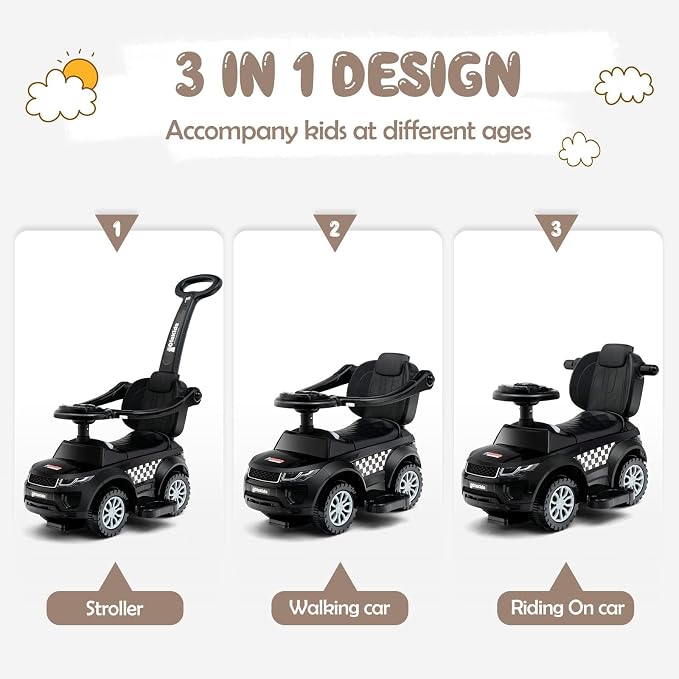 OLAKIDS 4 in 1 Ride on Push Car, Toddlers Stroller Sliding Walking with Horn, Music, Lights, Removable Guardrails and Handle, Underneath Storage, Foot-to-Floor Walker for Boys Girls (Dark)