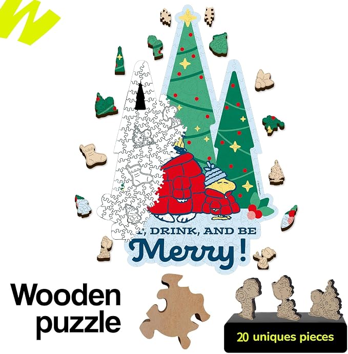 Peanuts Snoopy Puffer Coat Puzzles for Adults – 300 Pieces Unique Shaped Christmas Tree Wooden Puzzles, for Kids, 5MM Thick, Officially Licensed Merchandise – Singing Spirits, 11" x 16.5"