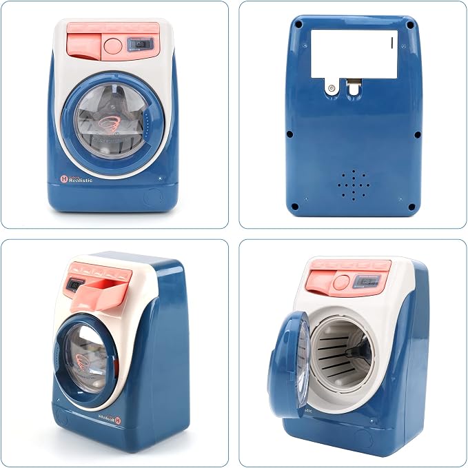 deAO Washing Machine Toy for Kids Dollhouse Furniture Pretend Play Household Appliance Realistic Sounds with Lights Laundry Play Set with Rotatable Roller for Children Birthday Present…
