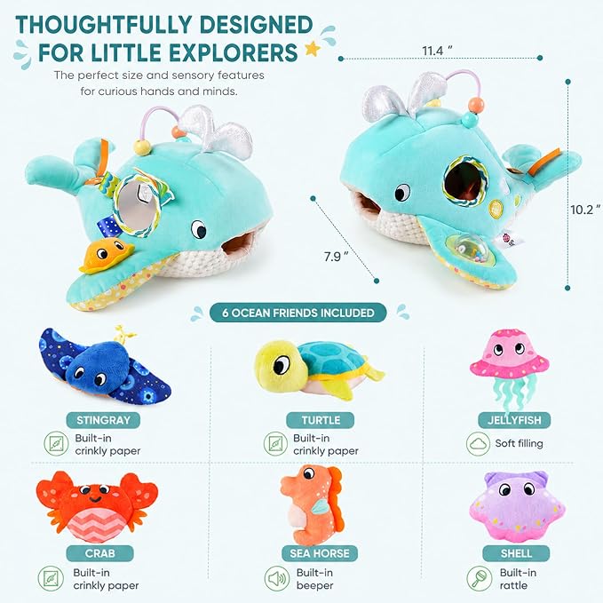 Baby Sensory Toys 6-12 Months - Montessori Ocean Adventure Set with Soft Whale & 6 Sea Animals, Rattle, Crinkle, Squeaker & Mirror for Fine Motor Development