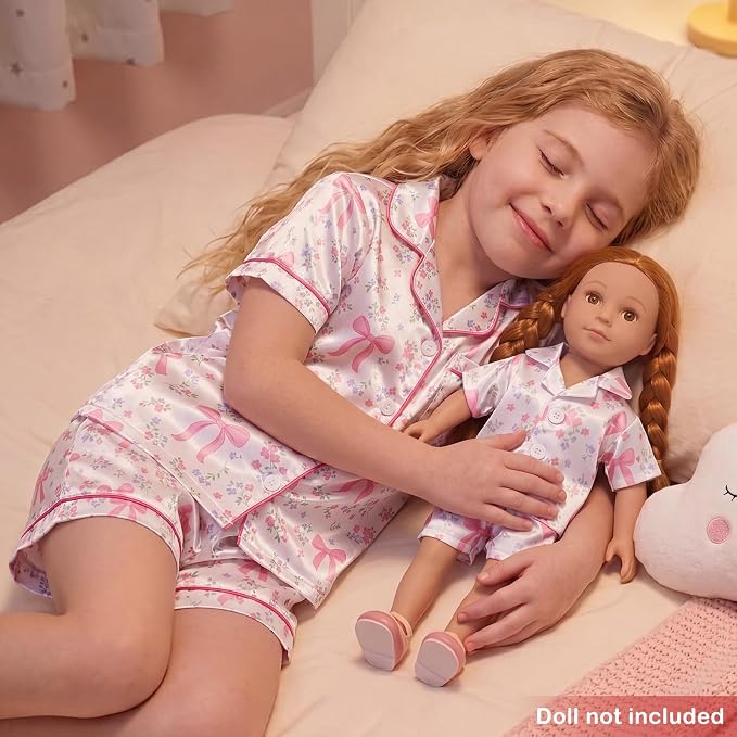 FIOBEE Girls Satin Pajamas Doll Matching Clothes, Stain Button Down Pjs Set Fits 18 Inch Dolls Soft Silky Toddler Kids Sleepwear White Floral