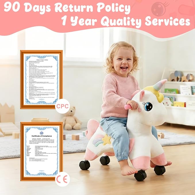 FUNLIO Unicorn Ride On Toys, Toddler Ride On Toys with 360° Wheels, Toddler Bike Designed to Develop Balance & Coordination, for Indoor/Outdoor Play, Easy to Assemble, CPC & CE Certified