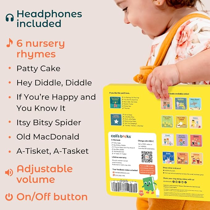 Cali’s Books Patty Cake Nursery Rhymes – Interactive Sound Book for Toddlers 1–3, Kids Headphones Included, Musical Book for 1 Year Olds, Perfect First Birthday Gift, 6 Favorite Songs