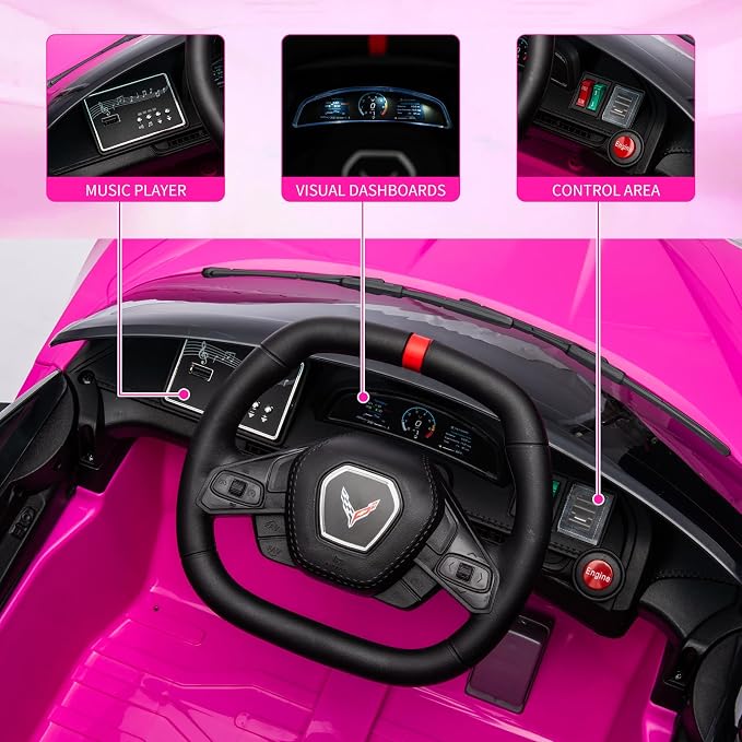 Garvee 12V Kids Ride on Car Licensed Corvette Toddlers Electric Sports Car Ride on Toy with Remote Control, Visual Dashboard, LED Lights, Music for Boys & Girls, Rose Red