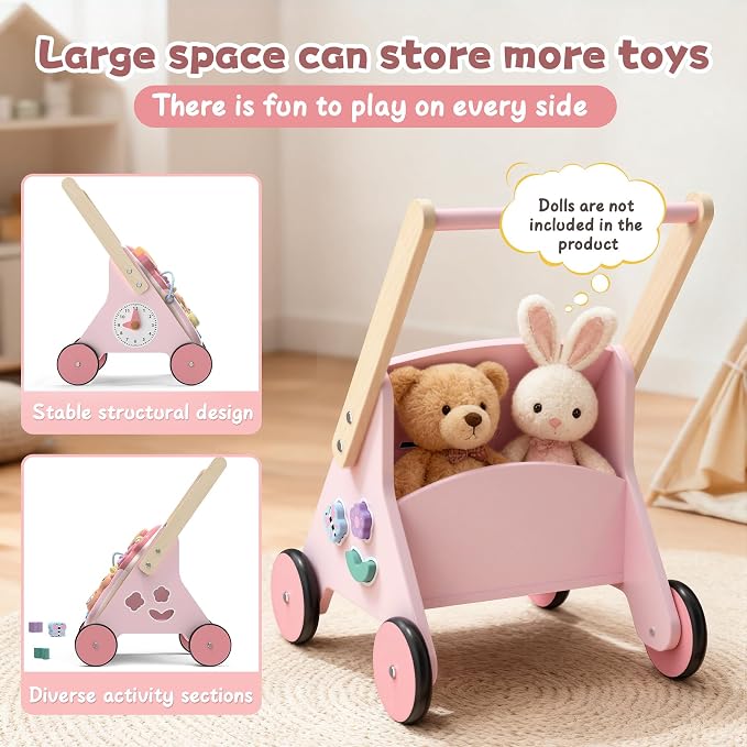 2 in 1 Wooden Baby Walker and Activity Center for Girls Boys Sit-to-Stand Learning Toy Kids Montessori Educational Push Toys with Music Detachable Busy Keyboard for Toddlers Pink