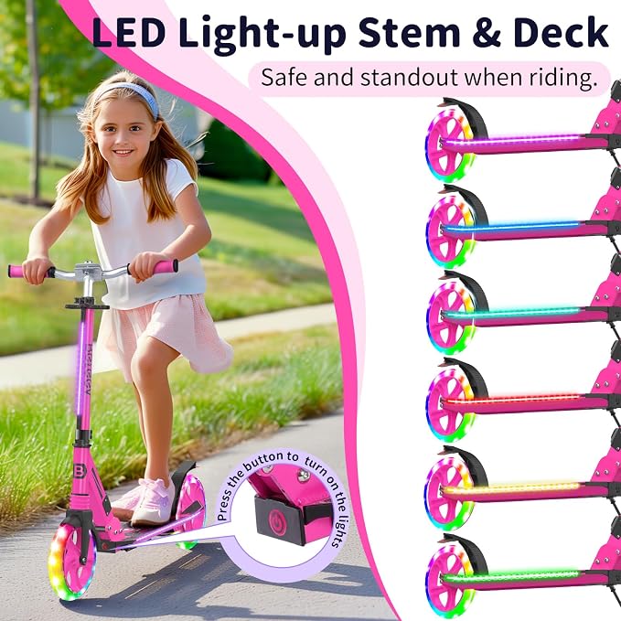 BELEEV V8 Scooters for Kids Ages 6+ with Light-Up Deck, 2 Wheel Folding Scooter for Kids, 4 Adjustable Height, Lightweight Sport Commuter Scooter, Sturdy Frame
