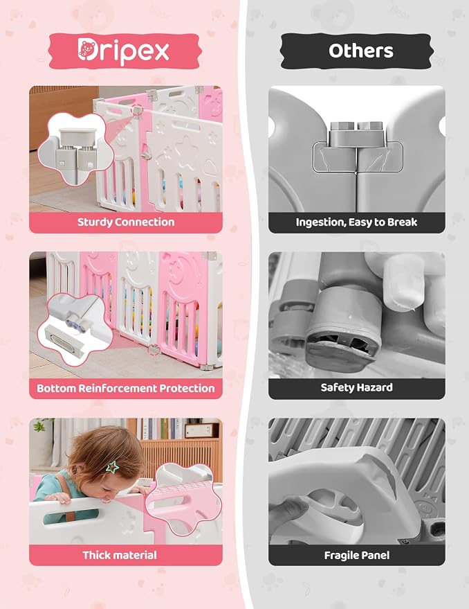 Dripex Baby Playpen, 18-Panel Foldable Playard for Toddlers 6-36 Months, Adjustable & Portable Indoor Outdoor Safety Play Area with Anti-Pinch Design, Game Panel and Safety Gate, Pink White