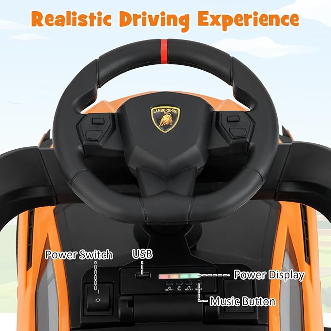 INFANS 3 in 1 Ride on Push Car, Licensed Lamborghini Baby Stroller Sliding Walking Car with Parent Control Handle, Music, USB, Headlight, Under Seat Storage, Foot-to-Floor Toy 18-60 Months (Orange)