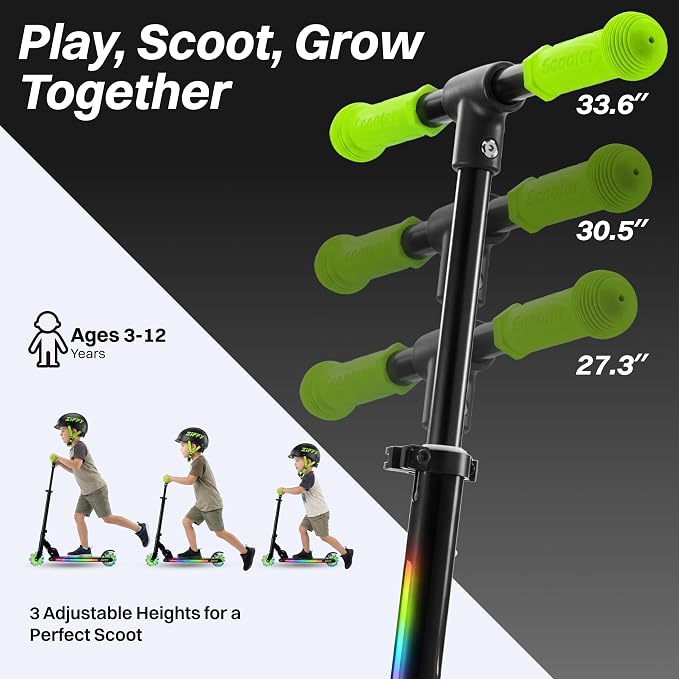 JOVA ZIFFY Light Up Scooter for Kids 3-12, 2 Wheel Foldable Kids Kick Scooter, 3 Adjustable Height, ABEC-7 Bearing with 4'' PU Wheels, Rear Foot Brake, Gift for Boys& Girls (Up to 110lb)