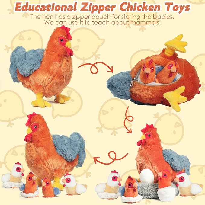9 in 1 Chicken Stuffed Animal Set, Cute Stuffed Chicken Plush Toy Egg Laying Hen with Zipper and Baby Chicks Toy Chickens Eggs and Chicken Coop Toys for Kids Girls Boys Birthday Christmas Plush Gifts