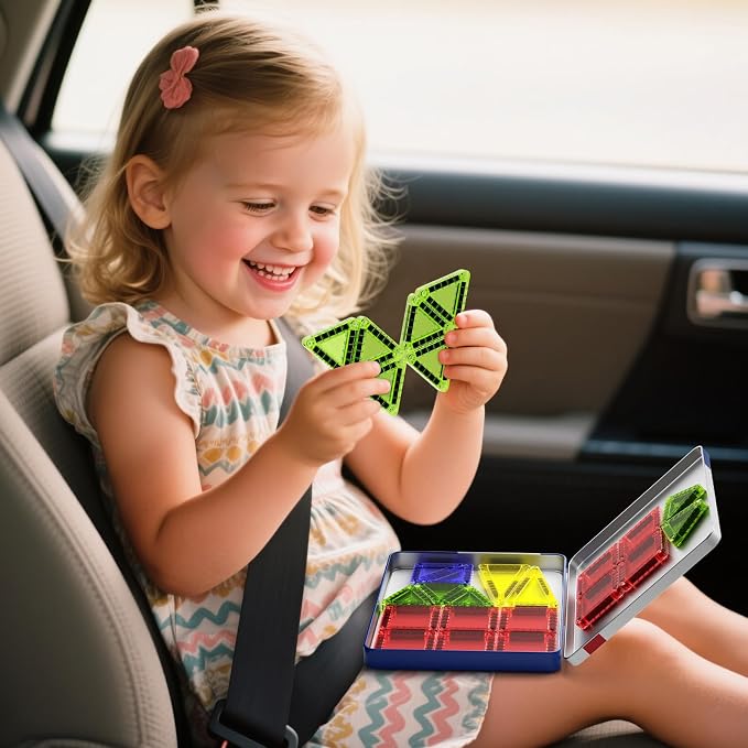 Mini Magnetic Tiles Travel Set, 26PCS Compact Magnetic Building Blocks for Kids Ages 4-8 & Toddlers 1-3