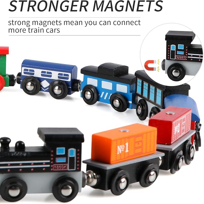 Wondertoys Wooden Train Set 16 PCS Train Toys Magnetic Set Includes Storage Bag - Wooden Track Accessories - Wooden Magnetic Car Set for Toddlers Kids Boys and Girls