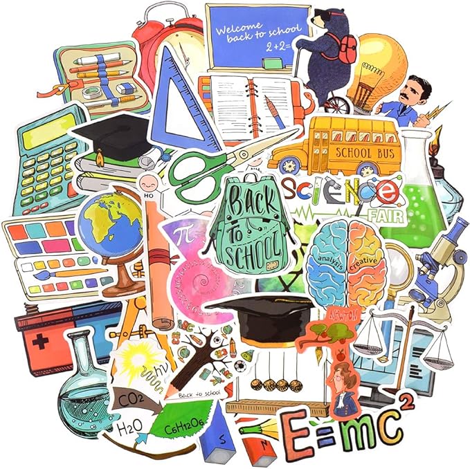 QTL School Stickers for Teachers and Students, Back to School Party Supplies, Waterproof Vinyl Stickers for Water Bottles and Laptop, 50PCS